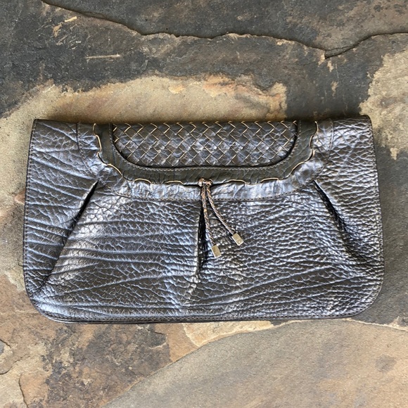 Salvatore Ferragamo Handbags - Salvatore Ferragamo pewter pebbled leather clutch